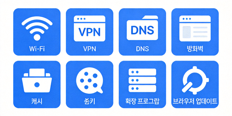 188BET 접속 오류 시 확인해야 할 네트워크 및 브라우저 설정 아이콘 모음