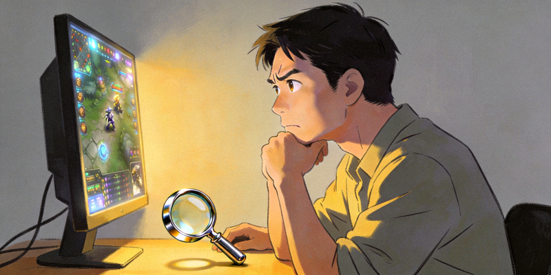 책임 있는 게임을 상징하는 이미지 - 사람이 모니터 앞에서 생각하는 모습과 돋보기 아이콘