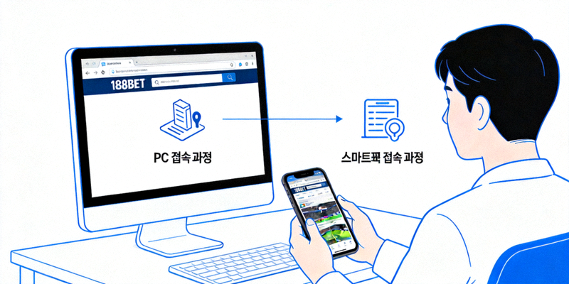 한국 사용자가 PC와 스마트폰으로 188BET 웹사이트에 접속하는 과정을 보여주는 개념도