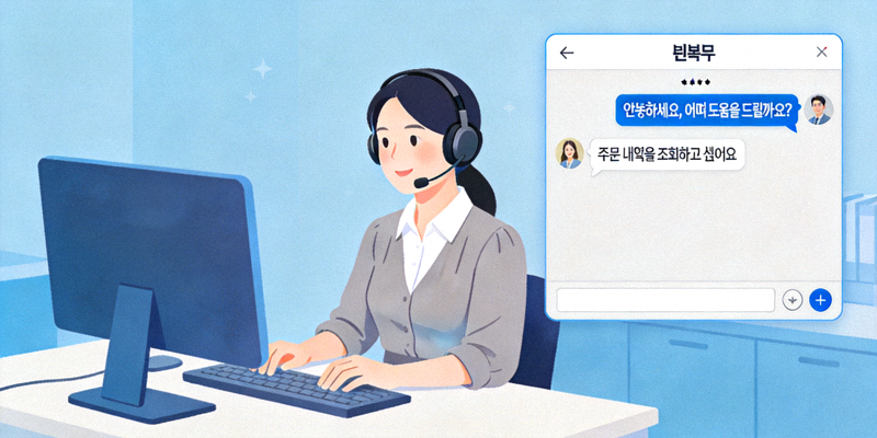 헤드셋을 쓴 고객 지원 상담원과 라이브 채팅 창을 나타내는 그림