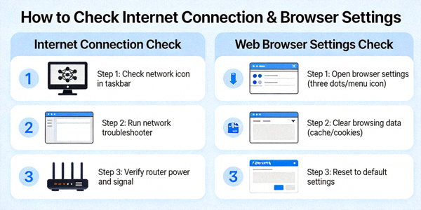 인터넷 연결 상태와 웹 브라우저 설정을 확인하는 방법을 설명하는 개념도