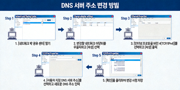 컴퓨터의 네트워크 설정에서 DNS 서버 주소를 변경하는 방법을 보여주는 예시 화면